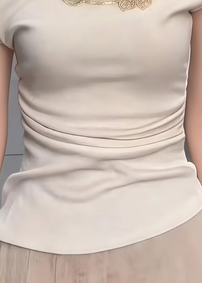 Sexy Beige Embroideried Cotton One Shoulder Tops Summer