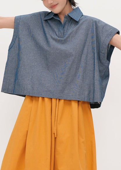 Vintage Blue Peter Pan Collar Oversized Cotton Shirts Summer