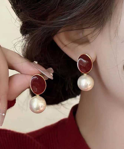 2025 New Red Copper Overgild Pearl Drop Earrings