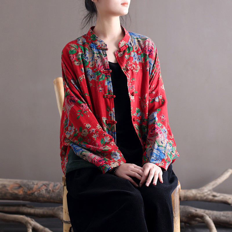 Vintage Blouse Stand Collar Large Flower Long-Sleeved Jacket