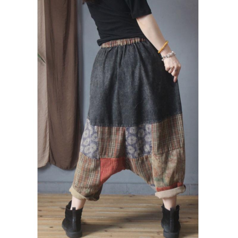 Stitching Pocket Drawstring Denim Low Drop Crotch Baggy Pants