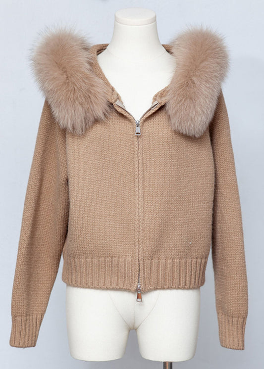 Coffee Zippered Patchwork Solid Knit Fall Coats Hooded