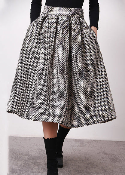 Simple Black White Plaid High Waist Woolen A Line Skirts Spring