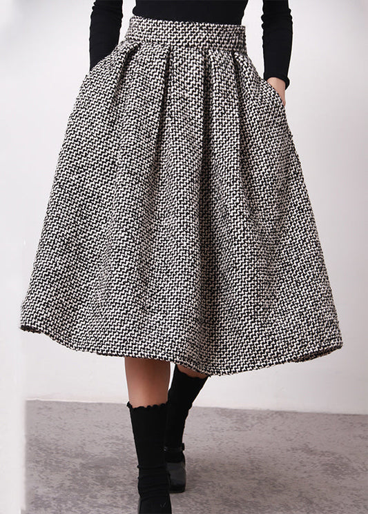 Simple Black White Plaid High Waist Woolen A Line Skirts Spring