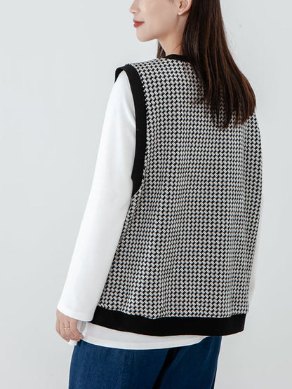 Plus Size - Women Plaid Knitted Vest Pullover Sweater