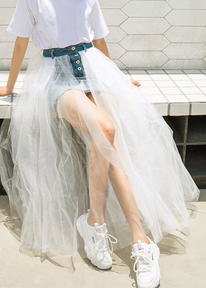 2024 New Black Tulle Patchwork Denim Skirt For Summer