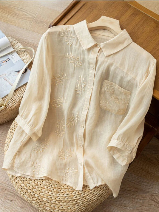 Embroidered 3/4 Sleeve Casual Linen Shirt Top With A Patch Pocket