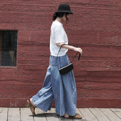 Plus Size - Casual Drawstring Blue Denim Wide Leg Pants