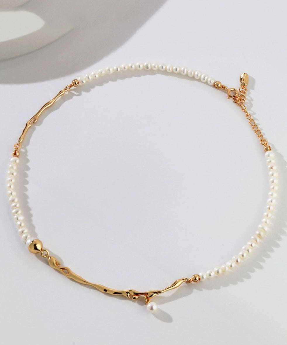 Bohemian Gold Copper Alloy Pearl Patchwork Gratuated Bead Necklace