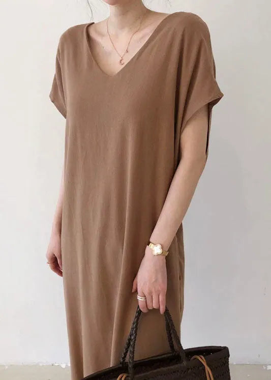 Elegant Coffee Side Open Cotton Short Sleeve Long Dresses