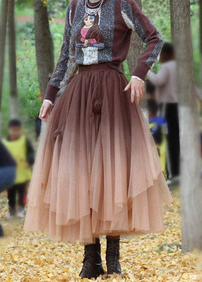 Coffee Floral Tulle Skirts Asymmetrical Exra Large Hem Spring