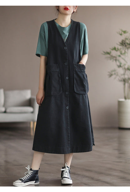 Mid Length Sleeveless Large Pocket V-Neck Plus Size Dress