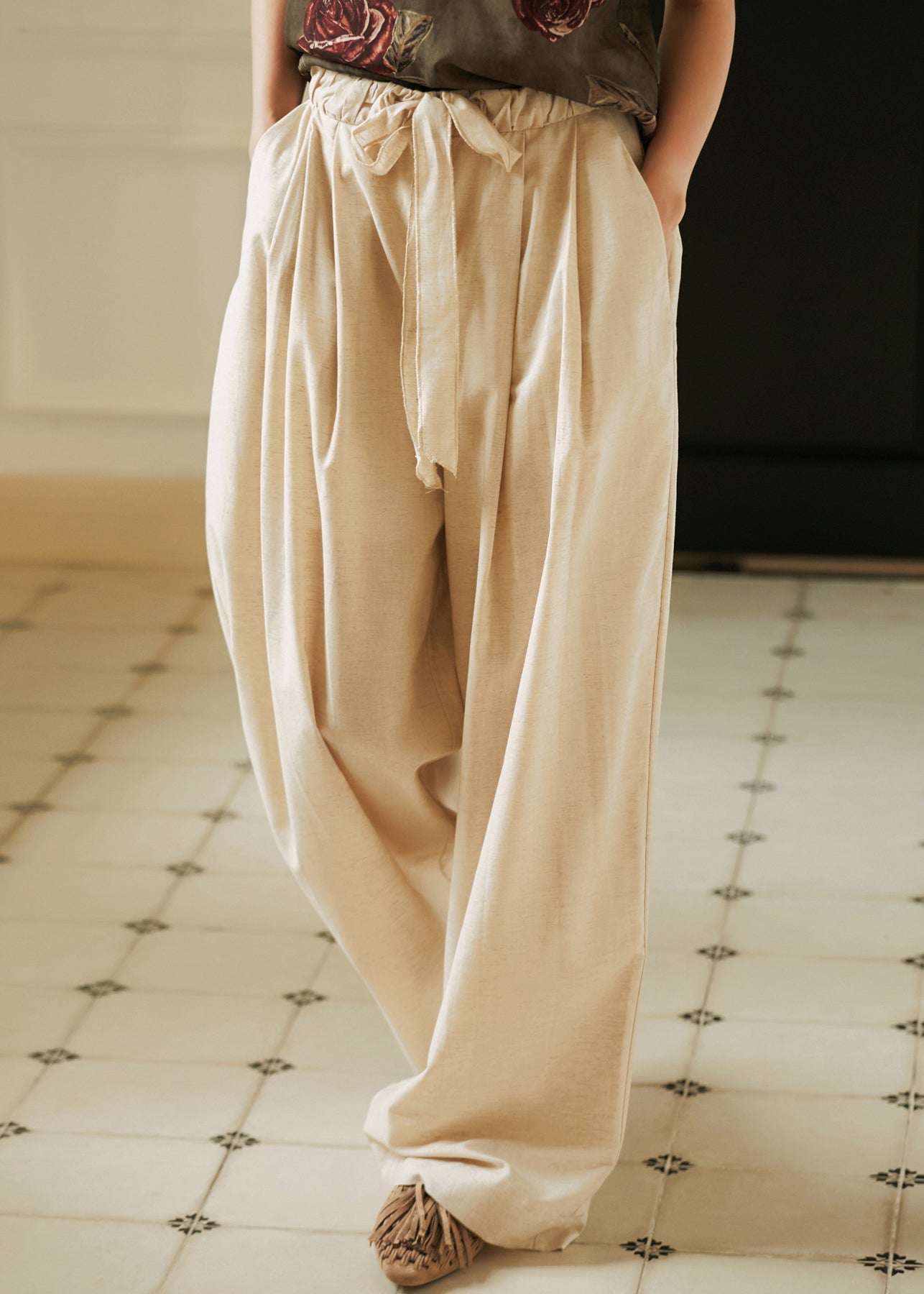 Summer Linen Color Lace Up Top And Wide Leg Pants Two Pieces Set