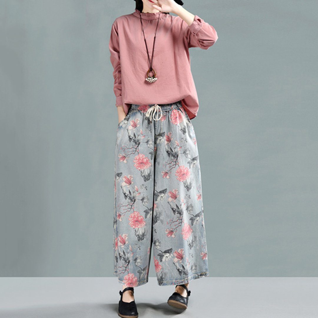 Floral Cropped Wide Leg Denim Pants