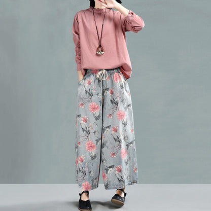 Floral Cropped Wide Leg Denim Pants