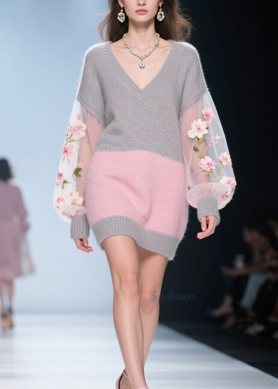 Casual Colorblock Tulle Floral Patchwork Knit Sweater Dress Fall