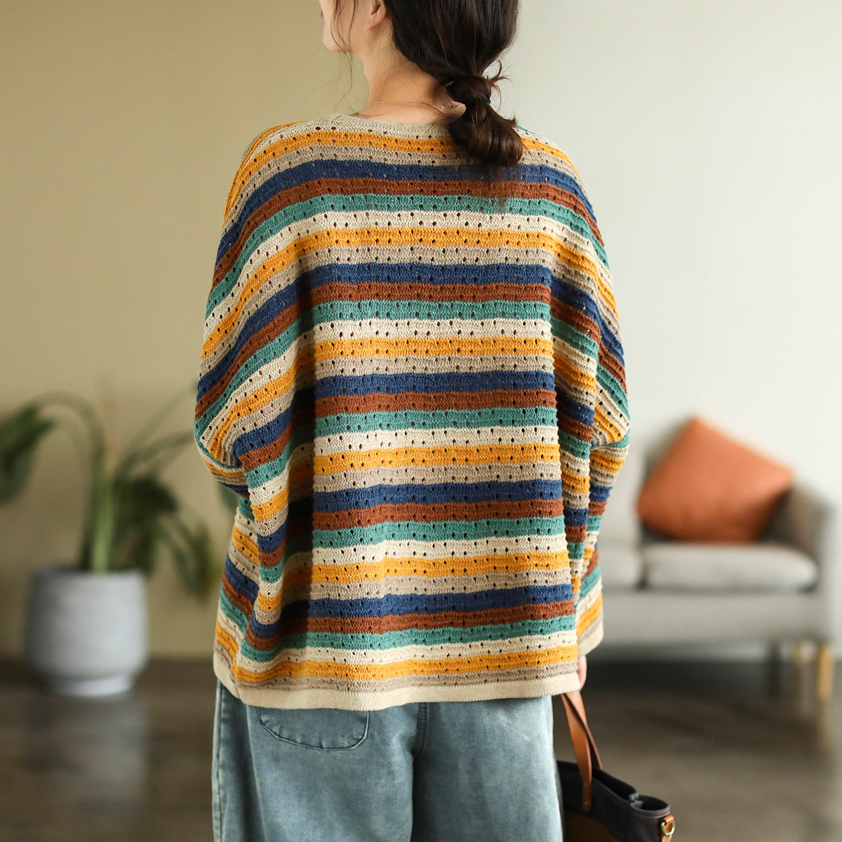 Women Autumn Color Matching Stripe Knitted Sweater