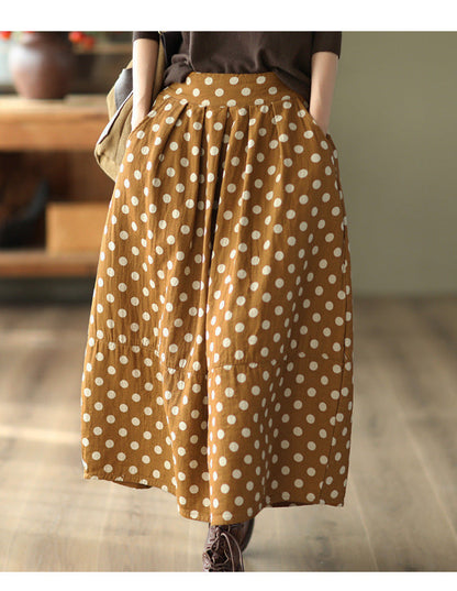 Vintage Printed Cotton And Linen Slim Elastic Waist A-Line Skirt
