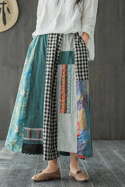 Casual 100% linen A-line skirt with irregular print stitching