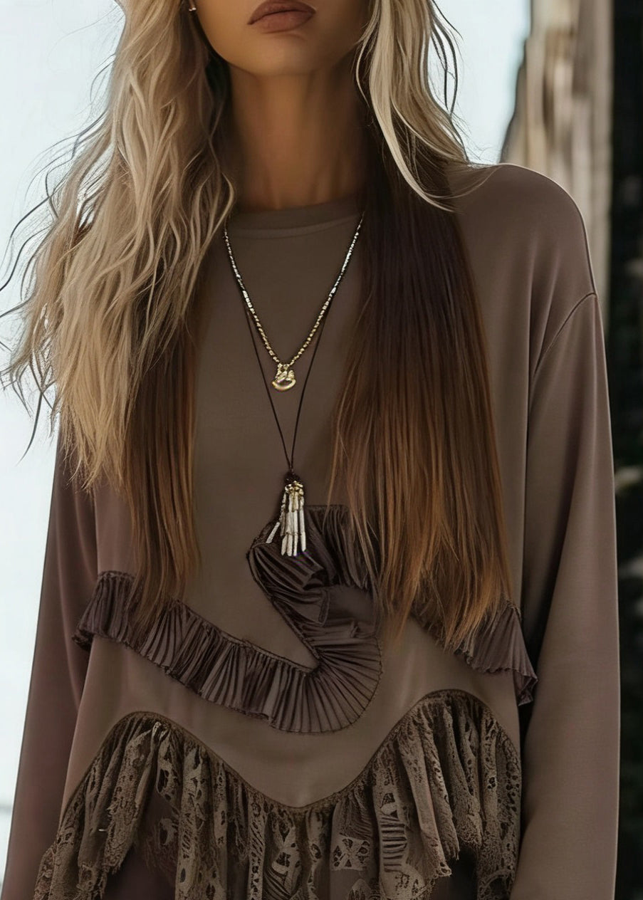 Women Coffee O-Neck Lace Patchwork Tops Flare Sleeve