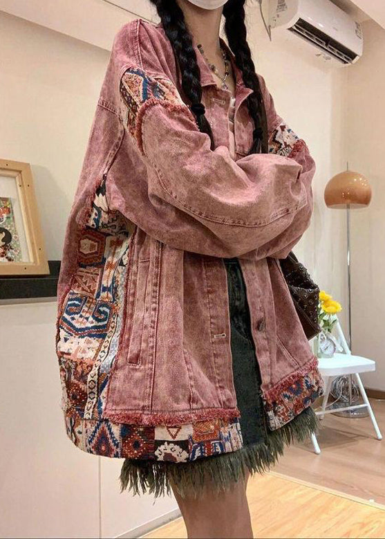 Vintage Pink Peter Pan Collar Button Patchwork Denim Coat Spring