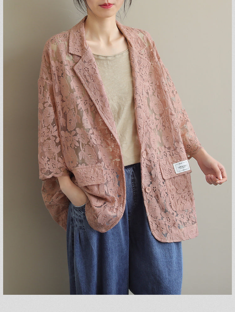 Loose Lace Embroidered Suit Collar Casual Slim Coat