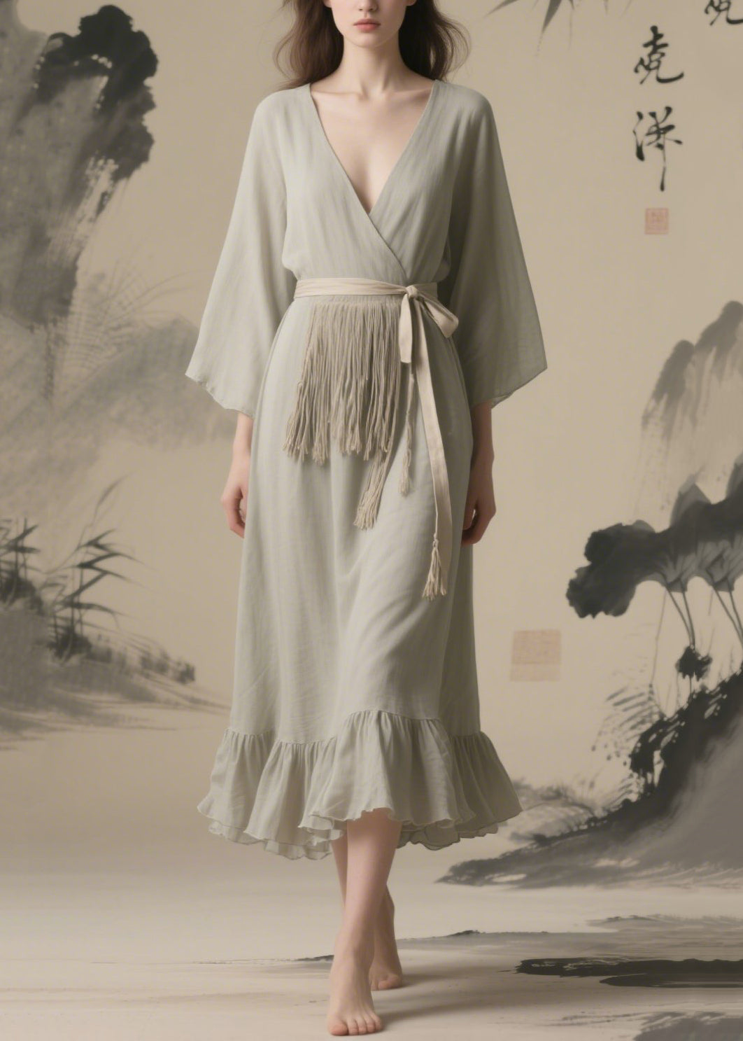 Vintage Grey Tasseled Chiffon Tunic Dresses Summer