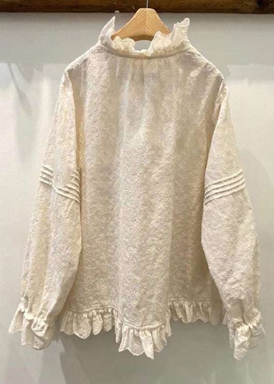 Classy Beige Ruffled Patchwork Embroidered Cotton Blouses Spring