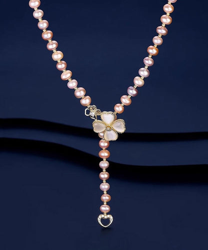 Elegant Champagne Alloy Pearl Zircon Floral Lariat Necklace