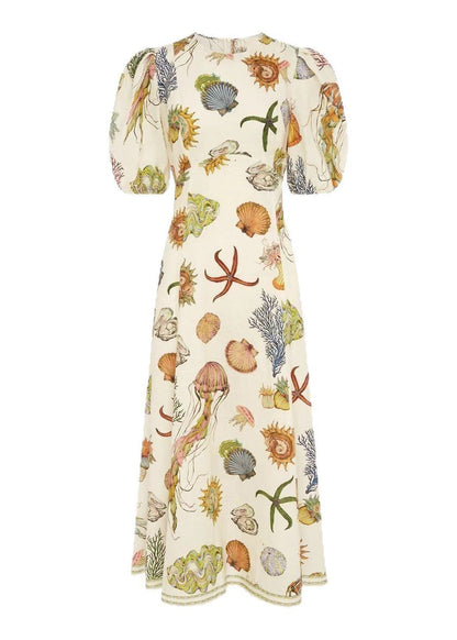 Classy O-Neck Print Tunic Long Dress Short Sleeve