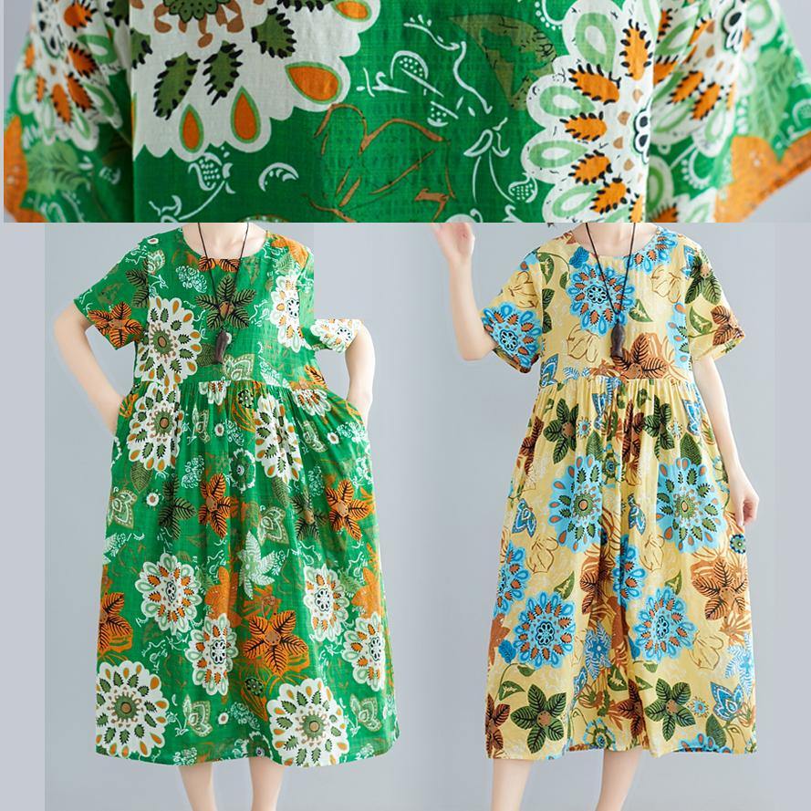 DIY yellow print cotton Tunics o neck patchwork Plus Size summer Dress