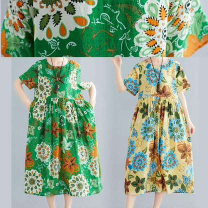 DIY yellow print cotton Tunics o neck patchwork Plus Size summer Dress