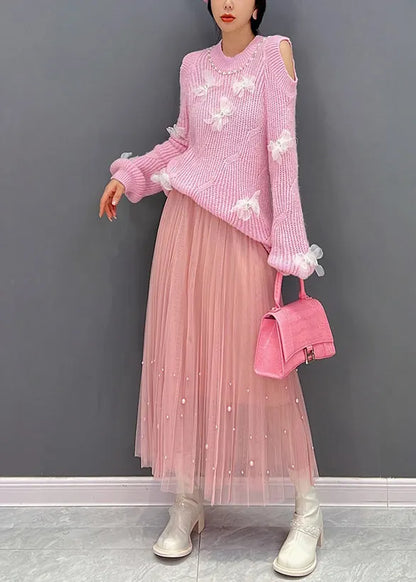 Cute Pink O-Neck Knit Top And Tulle Maxi Skirts Two Pieces Set Fall