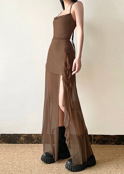 Boho Brown Side Open Silm Fit Tulle Halter Dress Summer