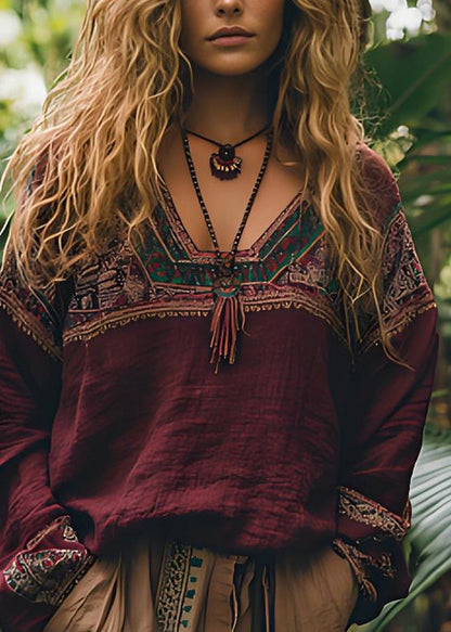 Plus Size Mulberry Print Patchwork Cotton Tops Spring