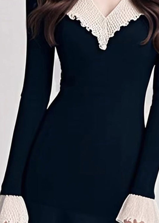 Natural Black V Neck Patchwork Knit Mid Sweater Dress Fall