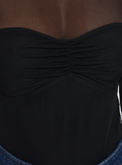 Delanee Mesh Detail Long Sleeve Bodysuit Black