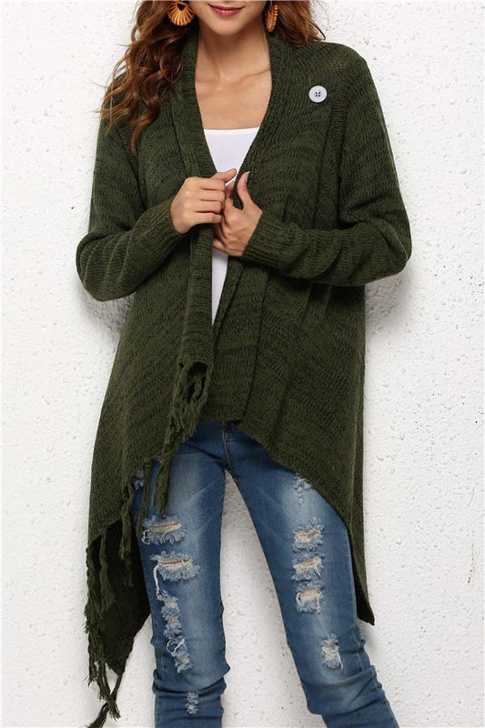 Tassel Asymmetrical Hem Shawl Speckled Fringe Cardigan - Green