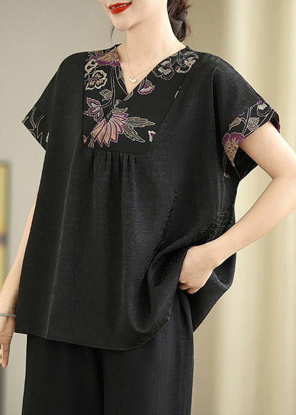 Elegant Black V Neck Patchwork Silk Shirt Tops Summer