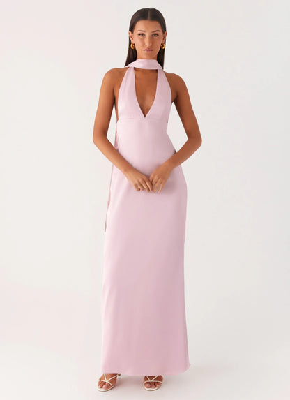 Alicia Satin Halter Maxi Dress - Baby Pink
