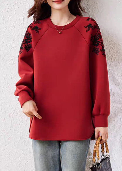 Casual Red O Neck Print Cotton Sweatshirts Fall