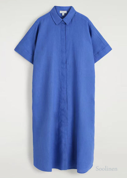 Plus Size Blue Peter Pan Collar Linen Straight Dresses Summer