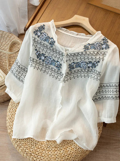 Embroidered Crew Neck 3/4 Sleeve Casual Linen Top