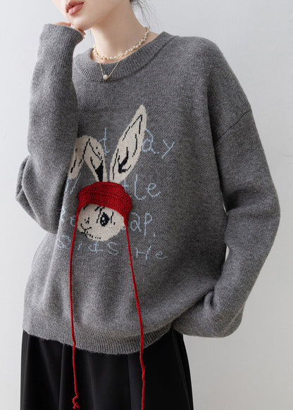 Plus Size Grey Oversized Rabbit Jacquard Knit Pullover Winter