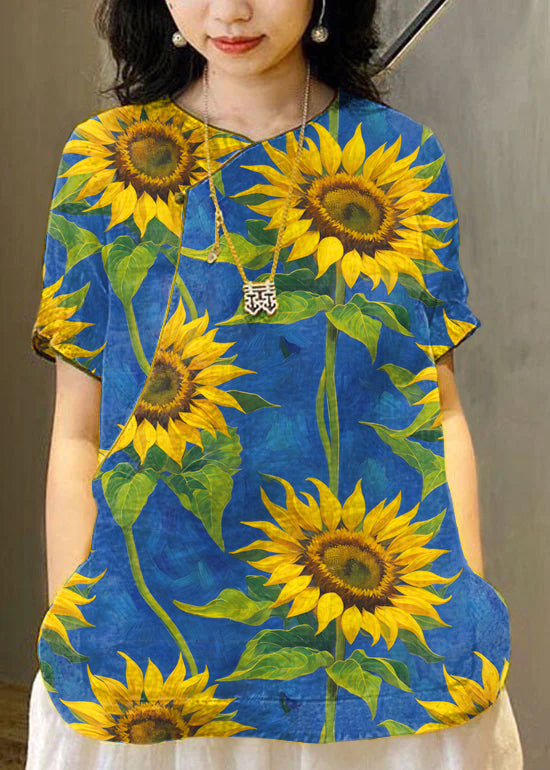 Chinese Style Yellow O-Neck Embroidered Linen Tops Short Sleeve