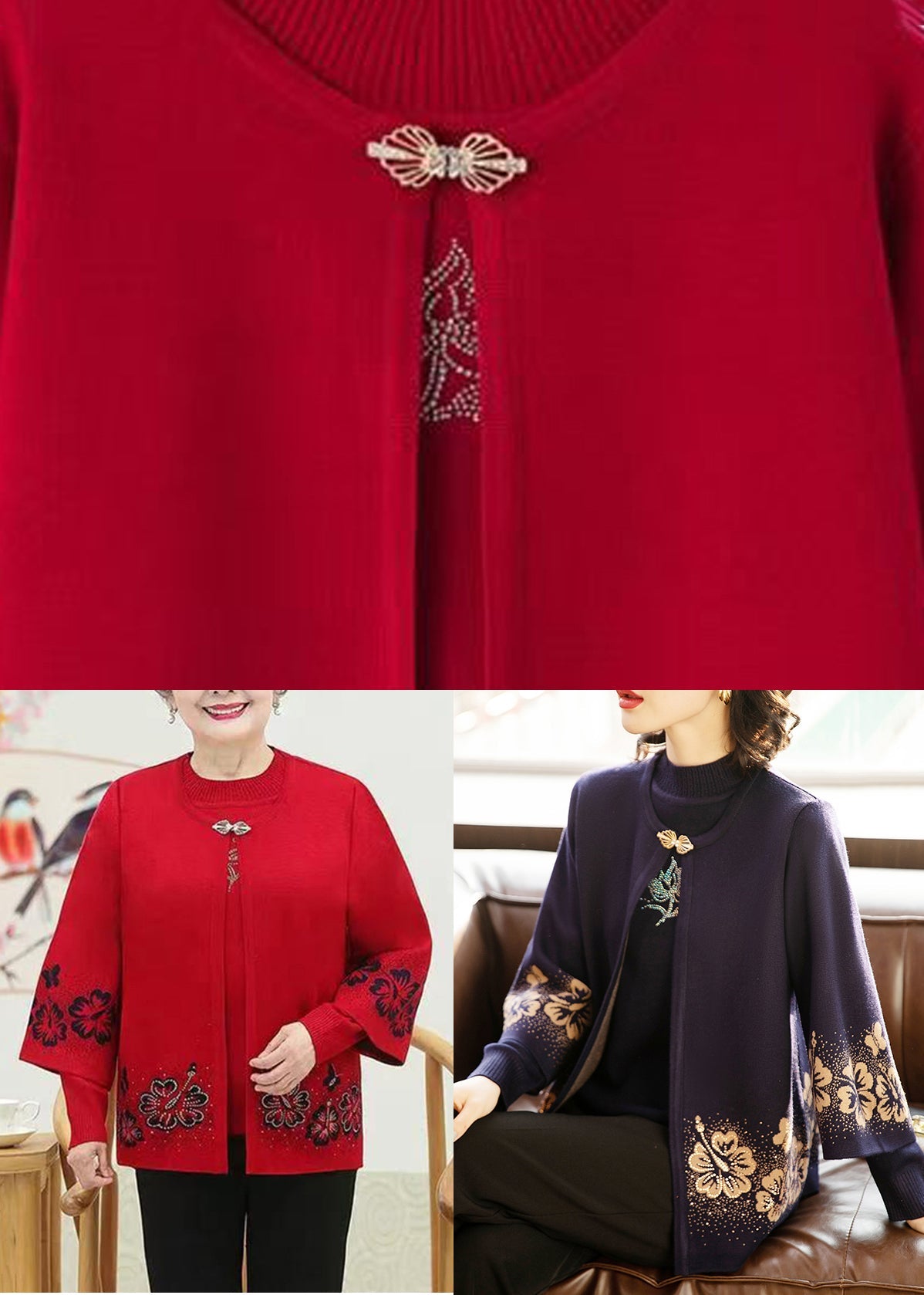 Women Dark Purple Print Cotton Knit Cardigans And Sweaters Two Pieces Set Three Quarter Sleeve
