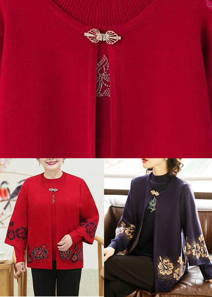 Women Dark Purple Print Cotton Knit Cardigans And Sweaters Two Pieces Set Three Quarter Sleeve