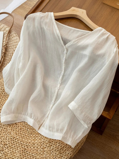 Pure Color V Neck 3/4 Sleeve Casual Linen Shirt Top