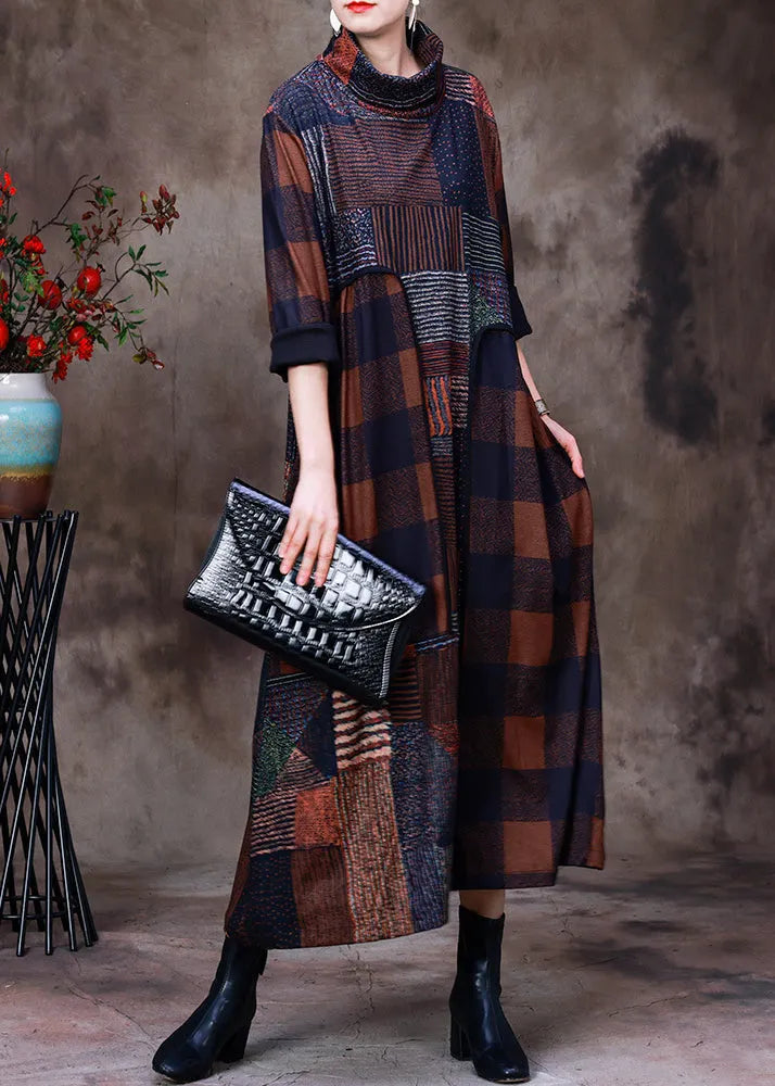 Plus Size Coffee Turtleneck Plaid Patchwork Velour Maxi Dress Long Sleeve