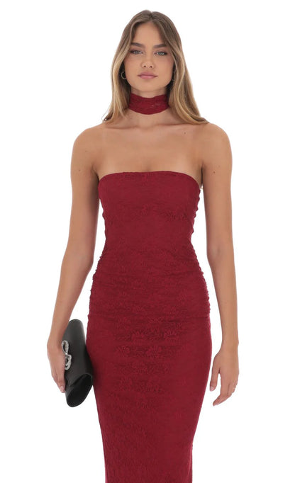 Scarf Lace Maxi Dress in Maroon